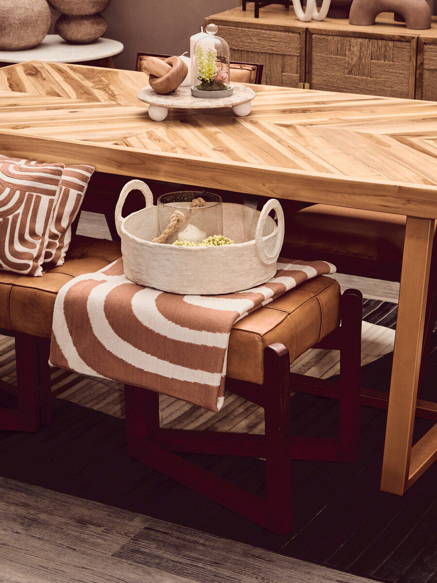 Natural Teak Wood Dining Table with Herringbone Top and Gold Finish Metal Frame, Kendari