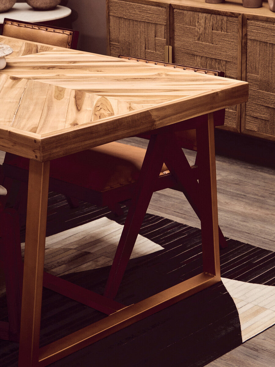 Natural Teak Wood Dining Table with Herringbone Top and Gold Finish Metal Frame, Kendari