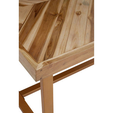 Natural Teak Wood Dining Table with Herringbone Top and Gold Finish Metal Frame, Kendari