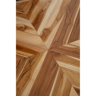 Natural Teak Wood Dining Table with Herringbone Top and Gold Finish Metal Frame, Kendari