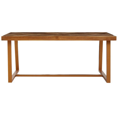 Natural Teak Wood Dining Table with Herringbone Top and Gold Finish Metal Frame, Kendari
