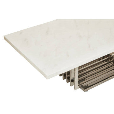 White Faux Marble Top Coffee Table with Silver Geometric Stainless Steel Frame, Moda