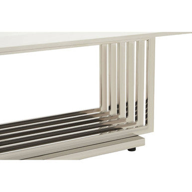 White Faux Marble Top Coffee Table with Silver Geometric Stainless Steel Frame, Moda