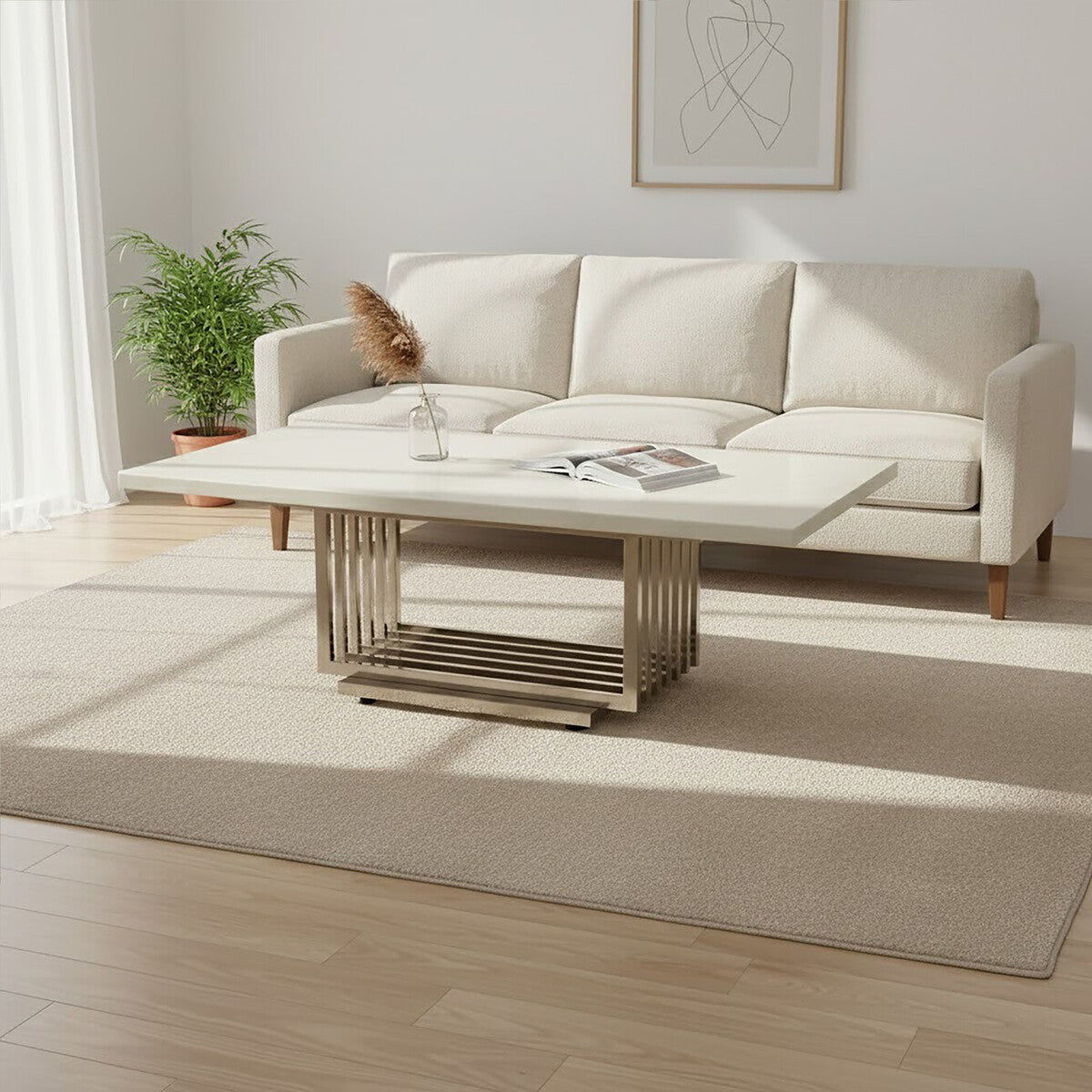 White Faux Marble Top Coffee Table with Silver Geometric Stainless Steel Frame, Moda