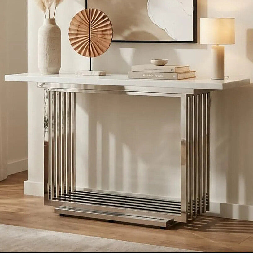 White Marble Top Console Table with Geometric Silver Stainless Steel Base, Moda