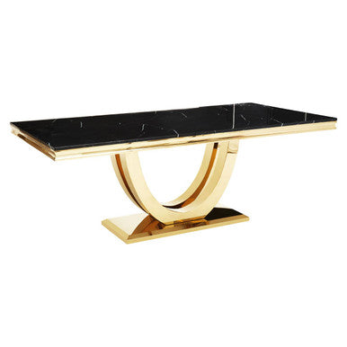 Black Faux Marble Rectangular Top Dining Table with Brushed Gold Geometric Frame, Moda