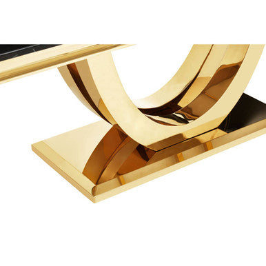 Black Faux Marble Rectangular Top Dining Table with Brushed Gold Geometric Frame, Moda