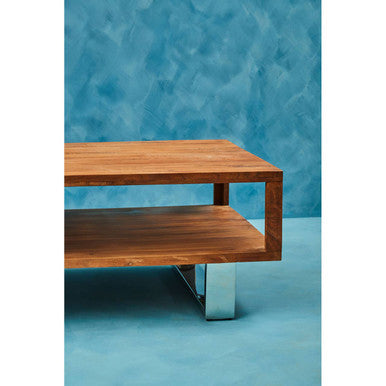 Brown Acacia Wood 1-Drawer Coffee Table with 1 Open Shelf and Stainless Steel Legs, Simla