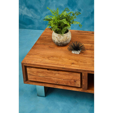 Brown Acacia Wood 1-Drawer Coffee Table with 1 Open Shelf and Stainless Steel Legs, Simla