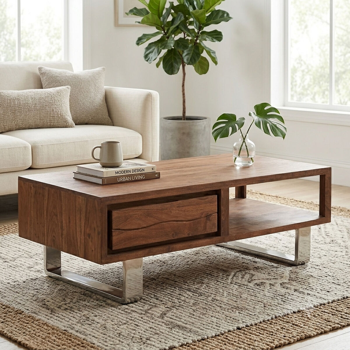 Brown Acacia Wood 1-Drawer Coffee Table with 1 Open Shelf and Stainless Steel Legs | Simla