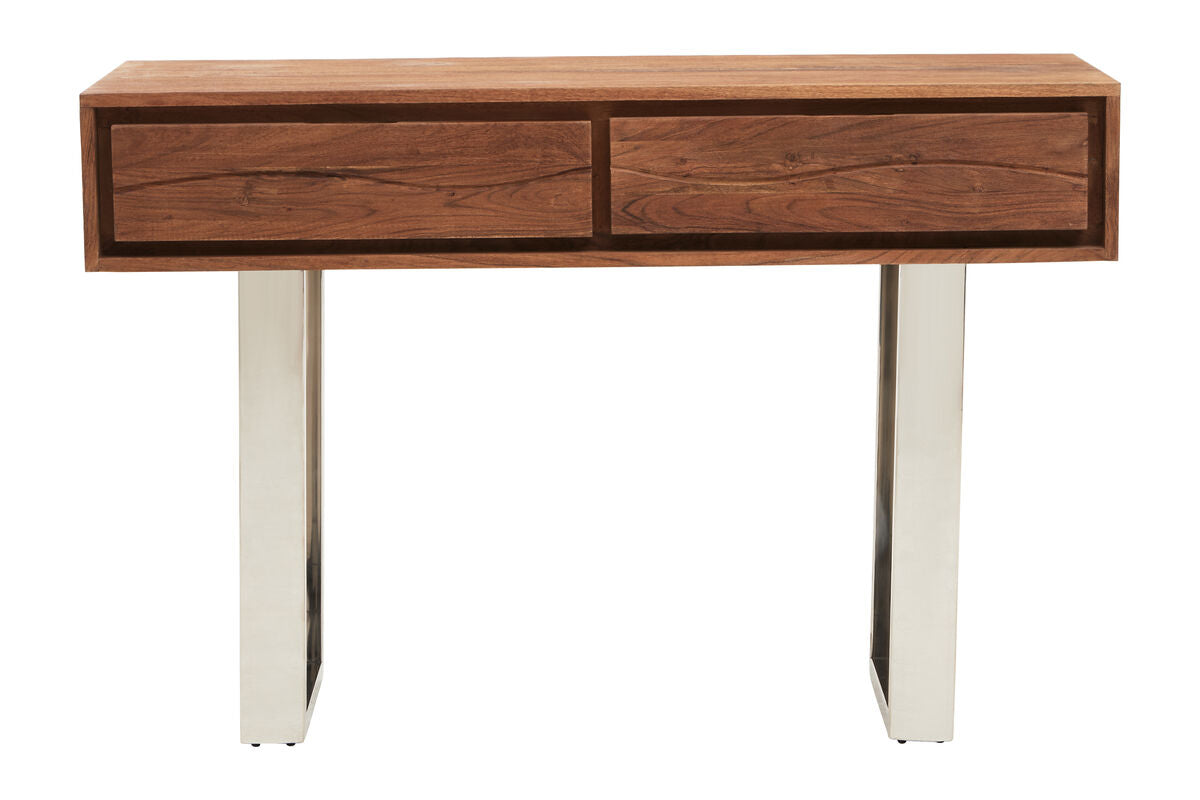 Brown Warm Toned Acacia Wood Two-Drawer Console Table with Silver Stainless Steel Legs, Simla