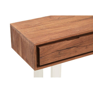 Brown Warm Toned Acacia Wood Two-Drawer Console Table with Silver Stainless Steel Legs, Simla