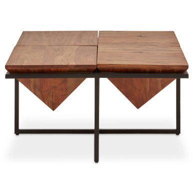 Brown Acacia Wood Pyramid Style Coffee Table with Black Metal Frame, Shimla