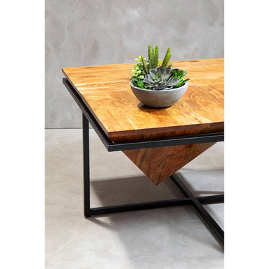 Brown Acacia Wood Pyramid Style Coffee Table with Black Metal Frame, Shimla
