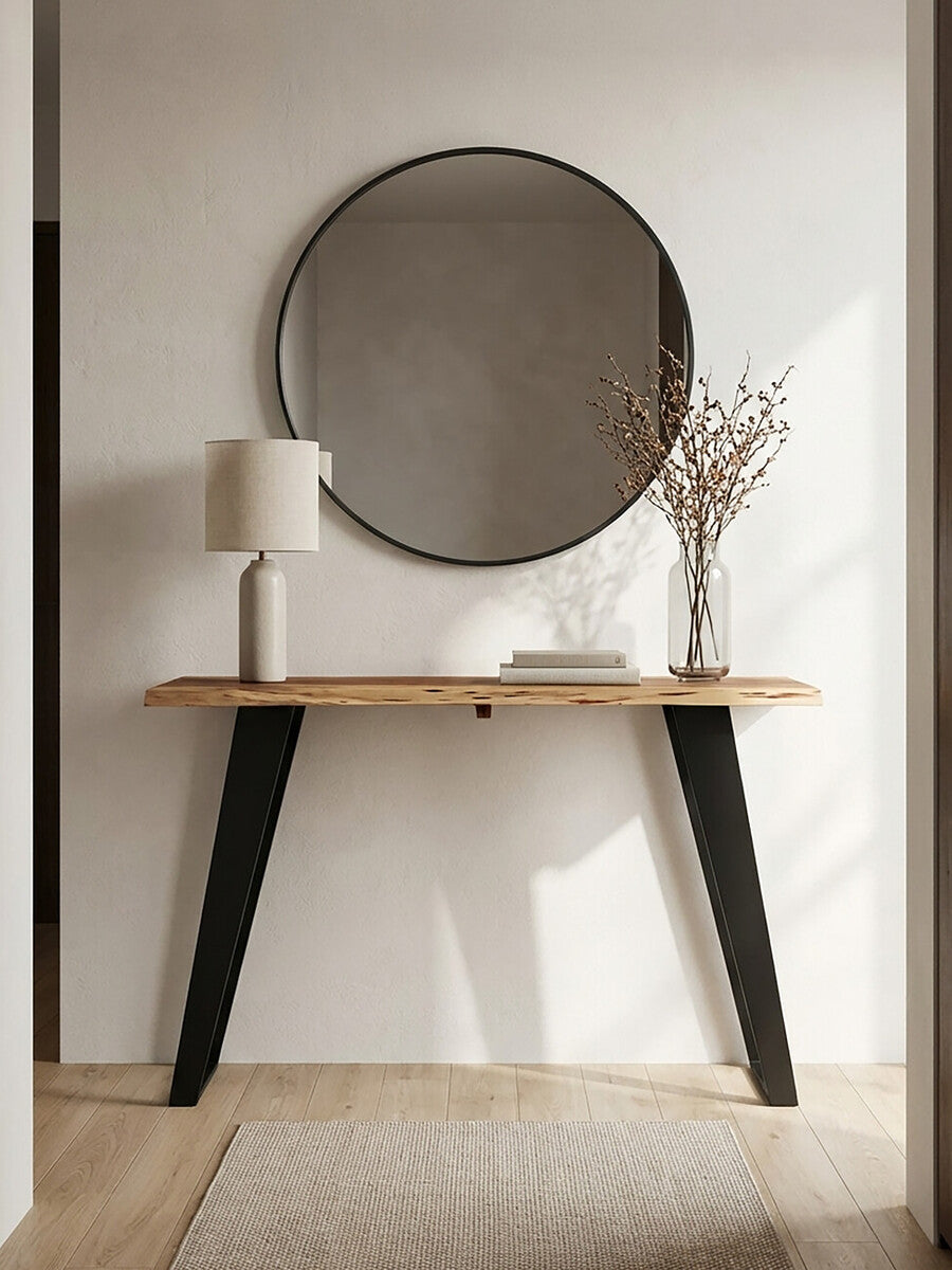 Natural Live Edge Acacia Wood Top Console Table with Black Iron Legs, Surax