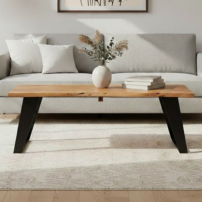 Live Edge Acacia Wood Top Coffee Table with Black Iron Legs, Surax