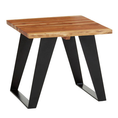 Brown Acacia Wood Top Side Table with Black Metal Legs, Surax