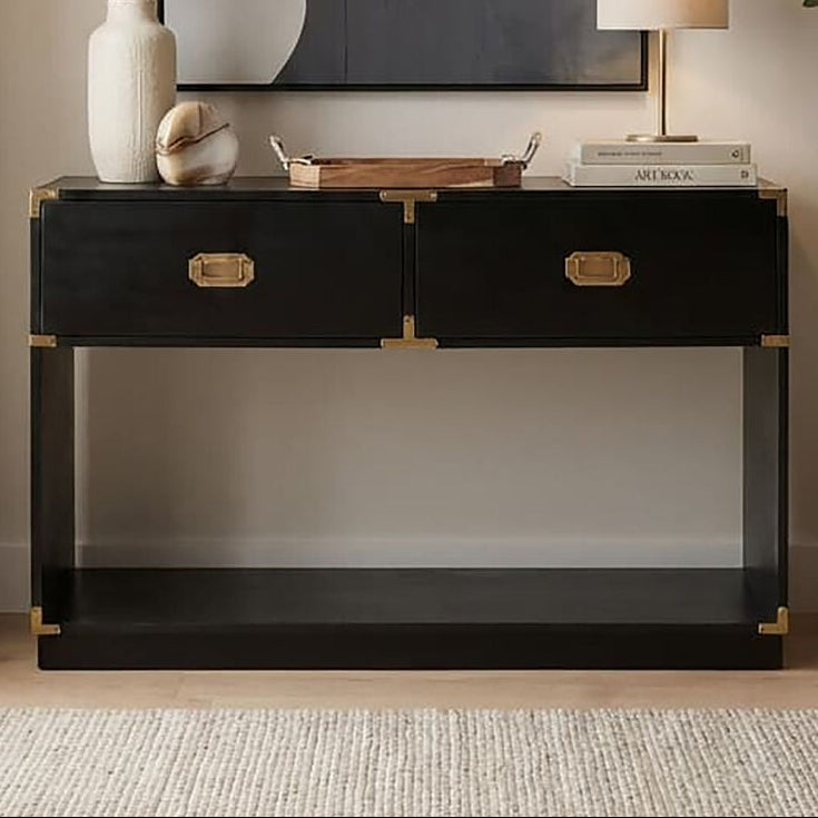 Black Mango Wood 2-Drawer Console Table with Gold-Tone Handles, Sarter