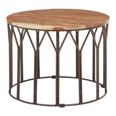 Natural Solid Acacia Wood Round Coffee Table with Dark Geometric Lattice Metal Frame, Boho