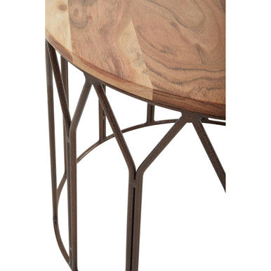 Natural Solid Acacia Wood Round Coffee Table with Dark Geometric Lattice Metal Frame, Boho