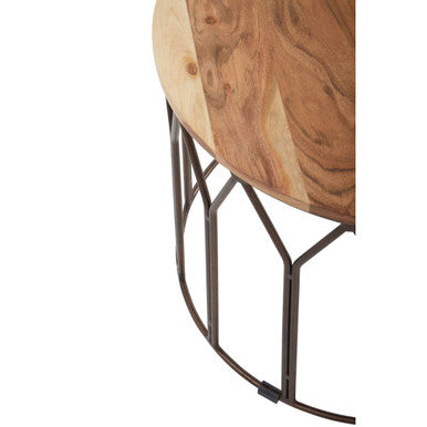 Natural Solid Acacia Wood Round Coffee Table with Dark Geometric Lattice Metal Frame, Boho
