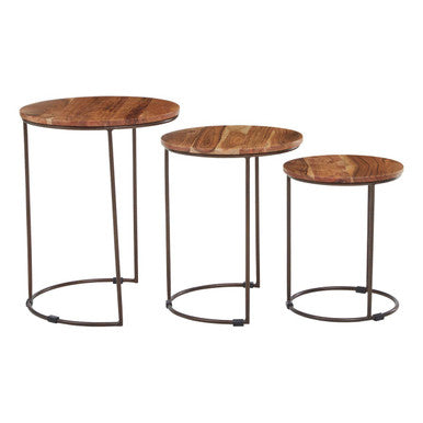 Nest of 3 Natural Mango Wood Side Tables with Brown Iron Legs, Boho