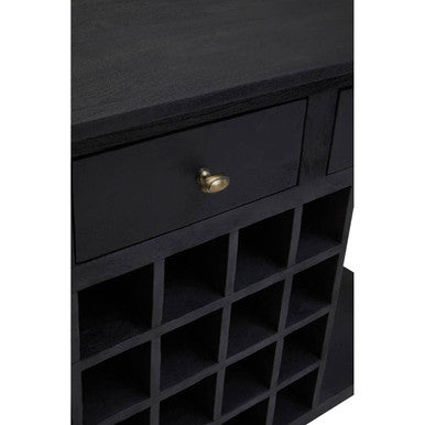 Black Mango Wood Console Table with 20-Bottle Wine Storage and 3 Drawers, Fusion