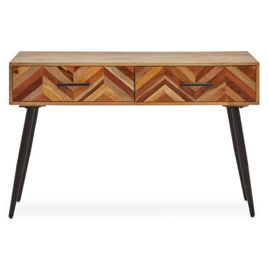 Mango Wood 2-Drawer Console Table with Multi Tonal Chevron Front and Black Iron Legs, Boho