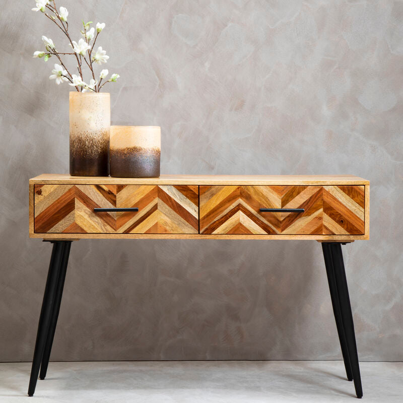 Mango Wood 2-Drawer Console Table with Multi Tonal Chevron Front and Black Iron Legs, Boho
