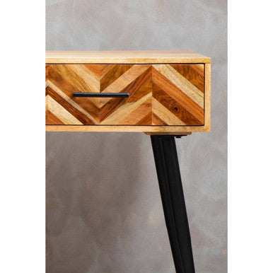 Mango Wood 2-Drawer Console Table with Multi Tonal Chevron Front and Black Iron Legs, Boho