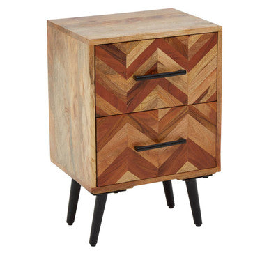 Mango Wood Two-Drawer Bedside Table with Handcrafted Chevron Front and Black Iron Legs | Boho