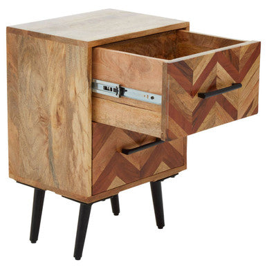 Mango Wood Two-Drawer Bedside Table with Handcrafted Chevron Front and Black Iron Legs | Boho