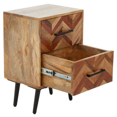 Mango Wood Two-Drawer Bedside Table with Handcrafted Chevron Front and Black Iron Legs | Boho
