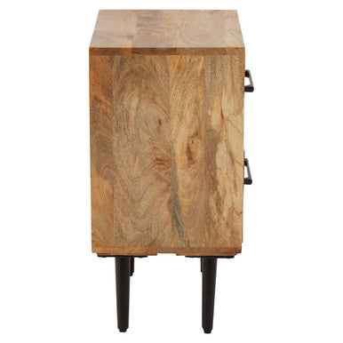 Mango Wood Two-Drawer Bedside Table with Handcrafted Chevron Front and Black Iron Legs | Boho