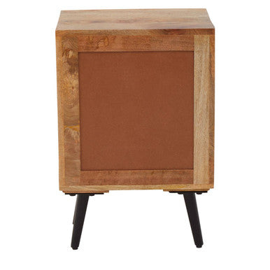 Mango Wood Two-Drawer Bedside Table with Handcrafted Chevron Front and Black Iron Legs | Boho