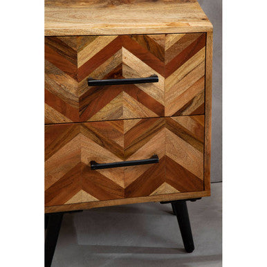 Mango Wood Two-Drawer Bedside Table with Handcrafted Chevron Front and Black Iron Legs | Boho