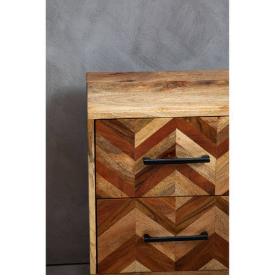 Mango Wood Two-Drawer Bedside Table with Handcrafted Chevron Front and Black Iron Legs | Boho