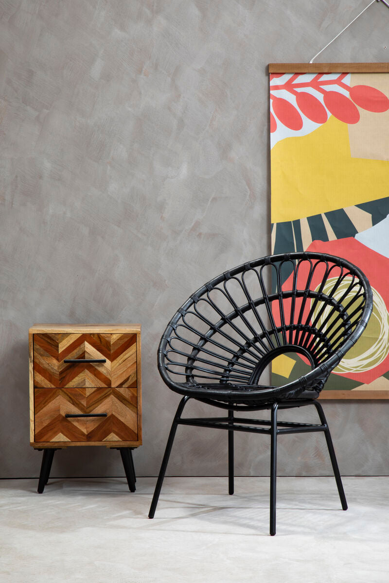 Mango Wood Two-Drawer Bedside Table with Handcrafted Chevron Front and Black Iron Legs | Boho