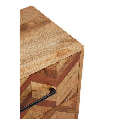 Mango Wood Two-Drawer Bedside Table with Handcrafted Chevron Front and Black Iron Legs | Boho