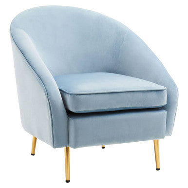 Yasmeen Aqua Blue Velvet Tub Armchair with Gold Finish Metal Legs