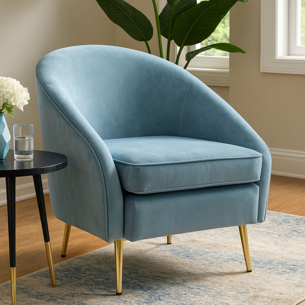 Yasmeen Aqua Blue Velvet Tub Armchair with Gold Finish Metal Legs