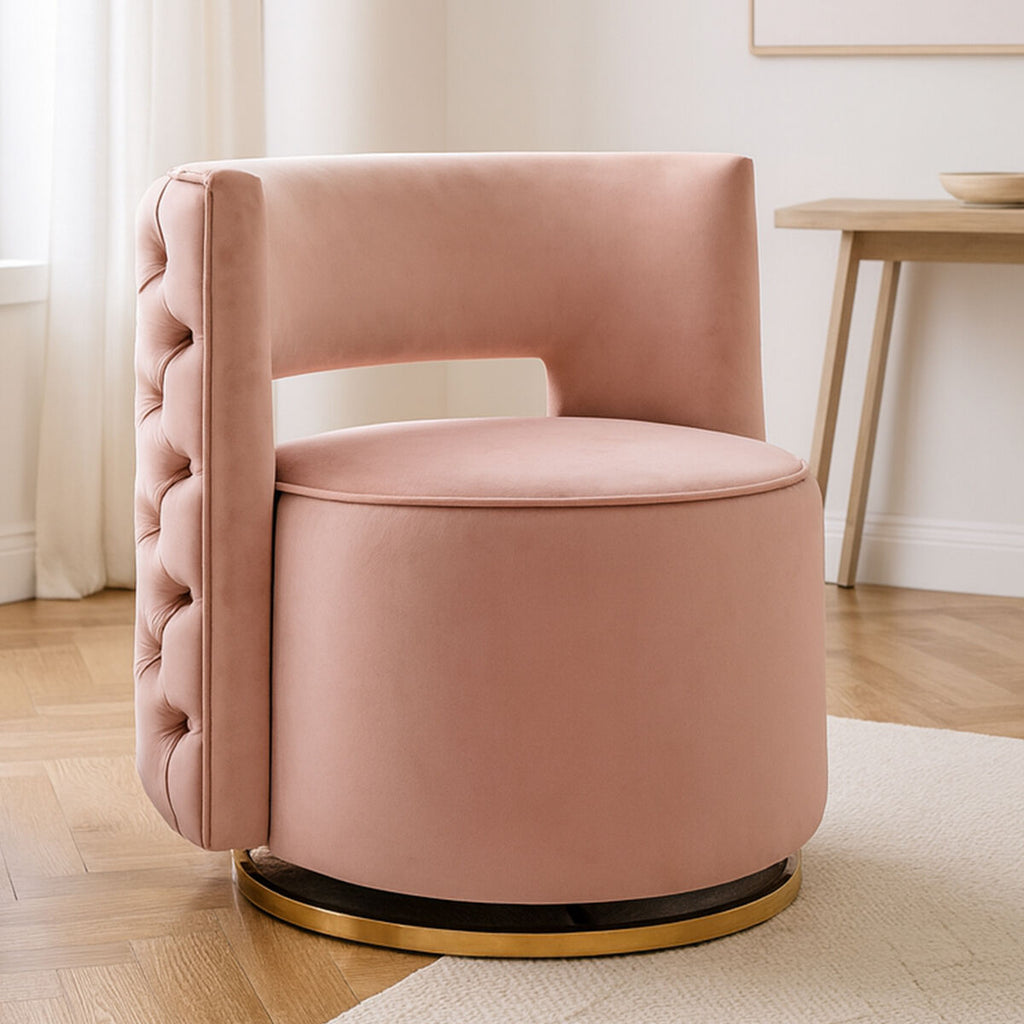 Yasmeen Pink Velvet Swivel Chair with Button Tufting
