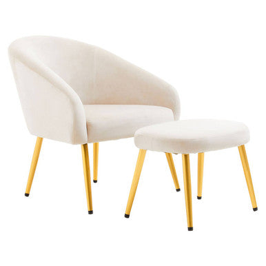 Yasmeen Dark Beige Velvet Chair and Footstool with Gold Powder Coated Legs