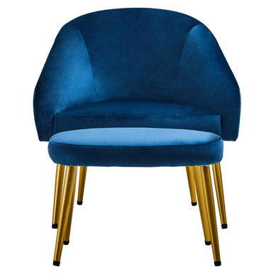 Yasmeen Midnight Blue Velvet Chair and Footstool with Gold Powder Coated Legs