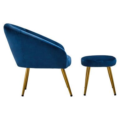 Yasmeen Midnight Blue Velvet Chair and Footstool with Gold Powder Coated Legs