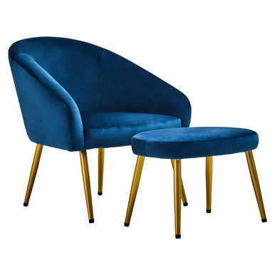 Yasmeen Midnight Blue Velvet Chair and Footstool with Gold Powder Coated Legs
