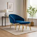 Yasmeen Midnight Blue Velvet Chair and Footstool with Gold Powder Coated Legs