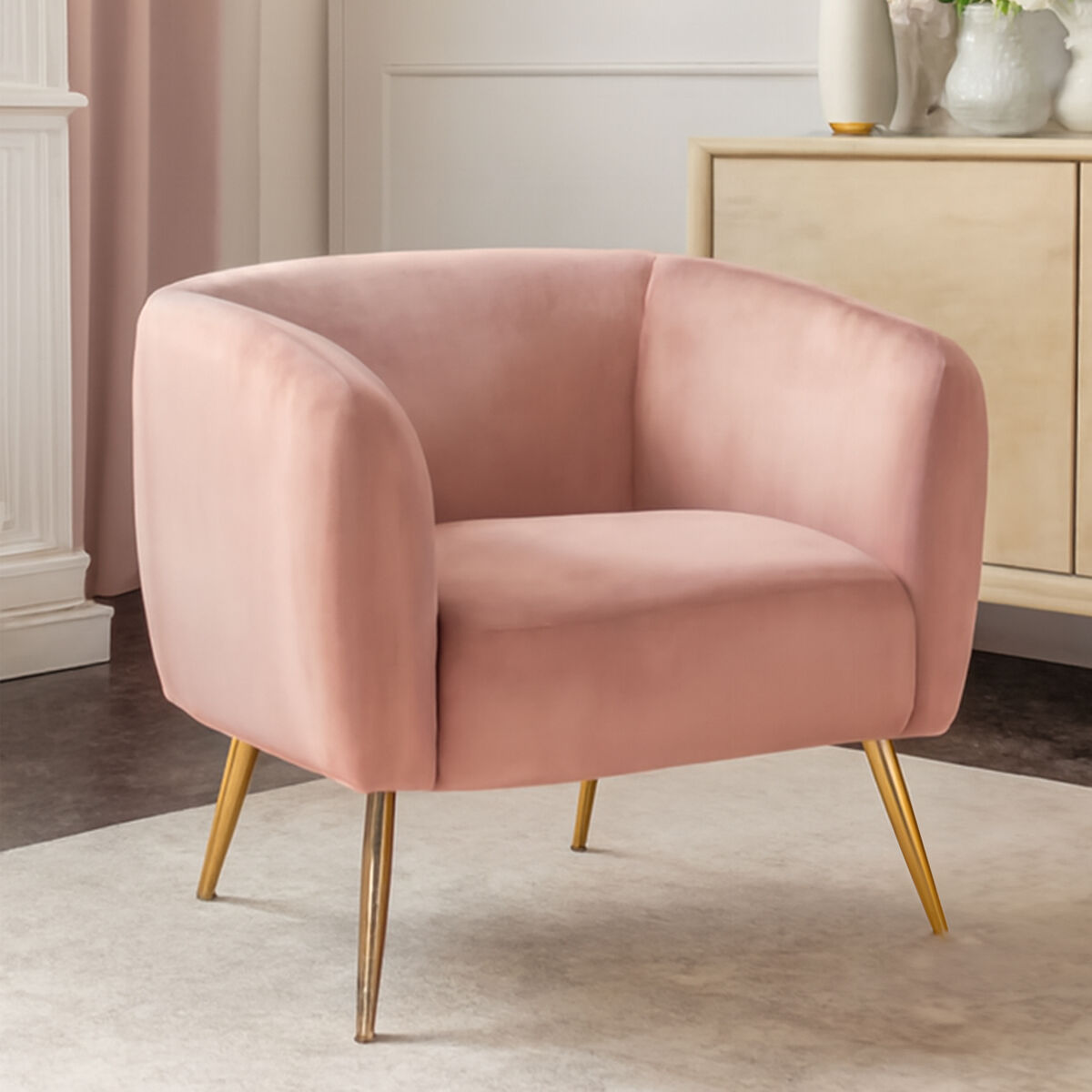 Yasmeen Pink Velvet Armchair with Gold Finish Metal Legs