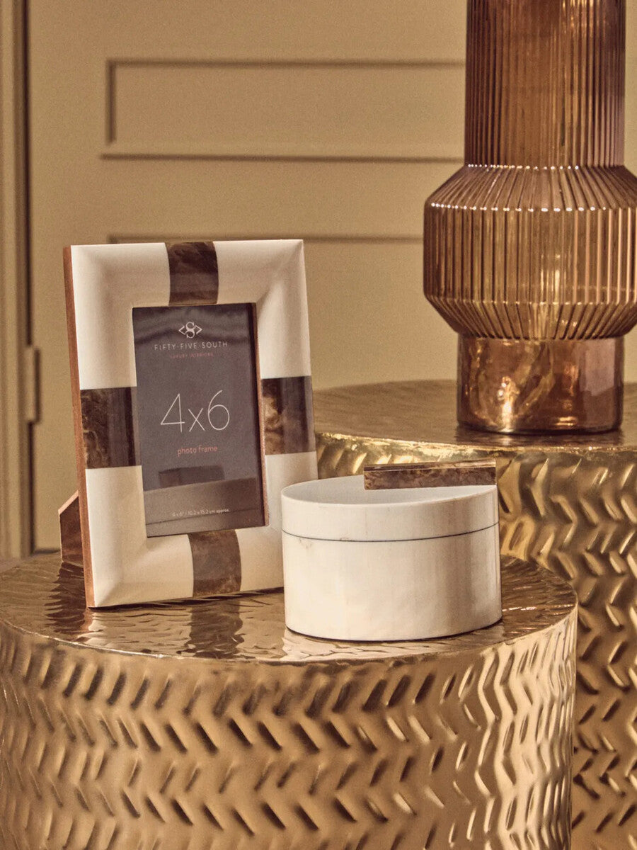 Set of 2 Gold Metallic Cylindrical Side Tables and Stools with Chevron Textured Surface, Templar