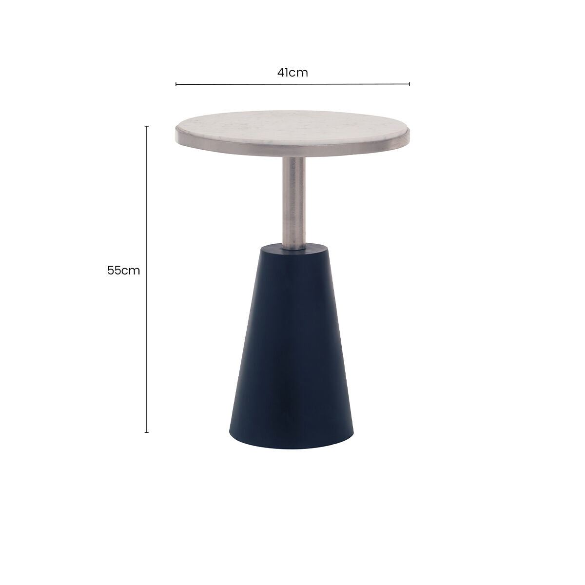 White Round Marble Top Side Table with Slim Column and Black Conical Base, Templar